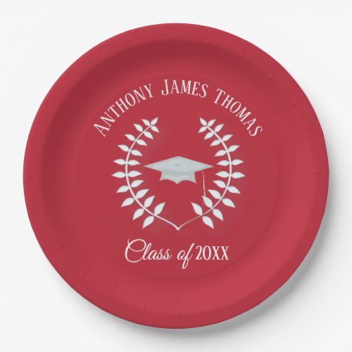 Cardinal Red Grad Cap and Leaves Paper Plates 9