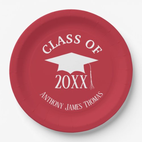 Cardinal Red Grad Cap and Leaves Paper Plates 9