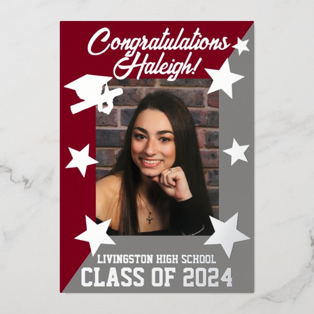 Cardinal Red & Gray, Diagonal Graduation  Foil Invitation (Front)