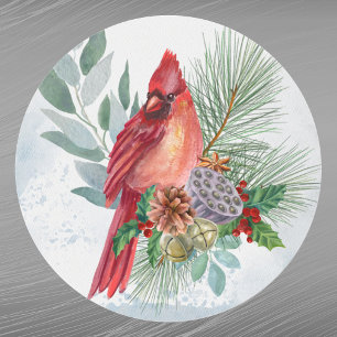 Cardinal Red Pine Greenery Christmas Classic Round Sticker