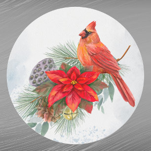 Cardinal Red Poinsettia Greenery Christmas Classic Round Sticker