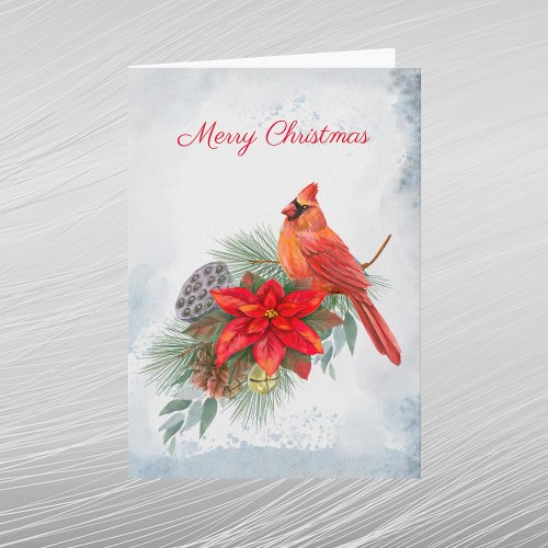 Cardinal Red Poinsettia Greenery Christmas  Holiday Card