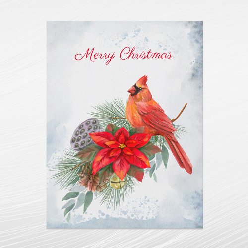 Cardinal Red Poinsettia Greenery Christmas Holiday Postcard