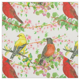 Cardinal Robins Goldfinch Spring Tree Botanical Fabric