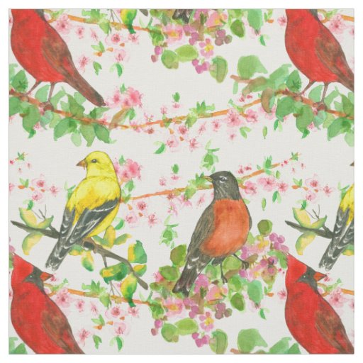 Cardinal Robins Goldfinch Spring Tree Botanical Fabric