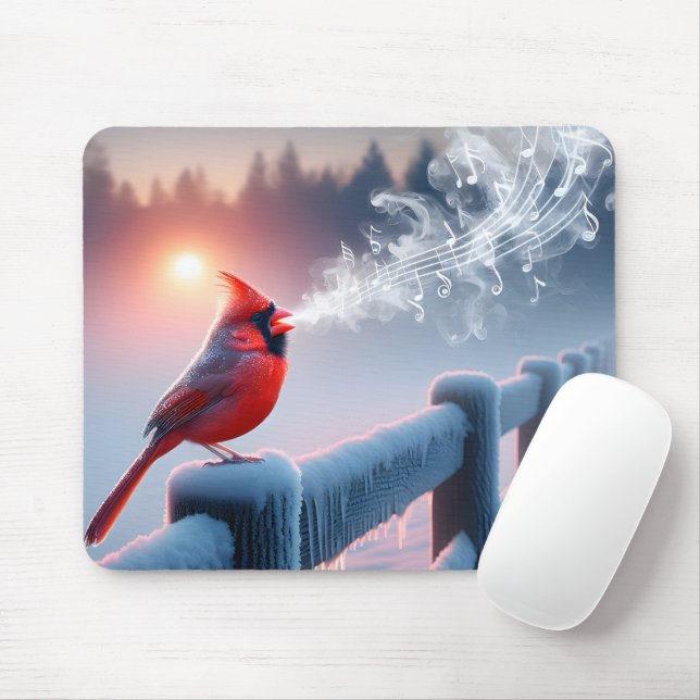 Cardinal Singing On a Winter Fence Mouse Pad (With Mouse)
