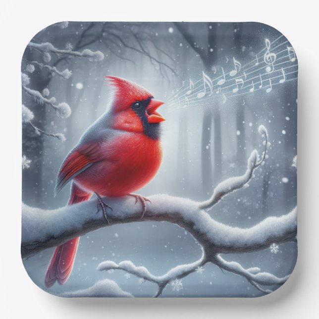 Cardinal Singing With Musical Notes Paper Plates (Front)