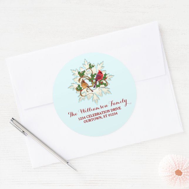 Cardinal Snow Christmas Address Classic Round Sticker (Envelope)