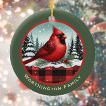 Cardinal Snow n Buffalo Plaid Family Name Monogram