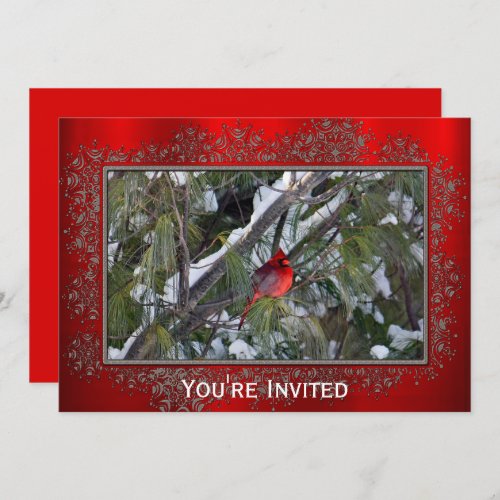 Cardinal Snow Pine Tree Photo Christmas Invitation