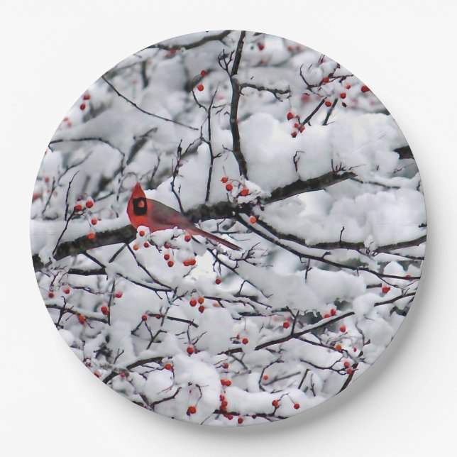 Cardinal Snow Tree Photo Paper Plates (Front)