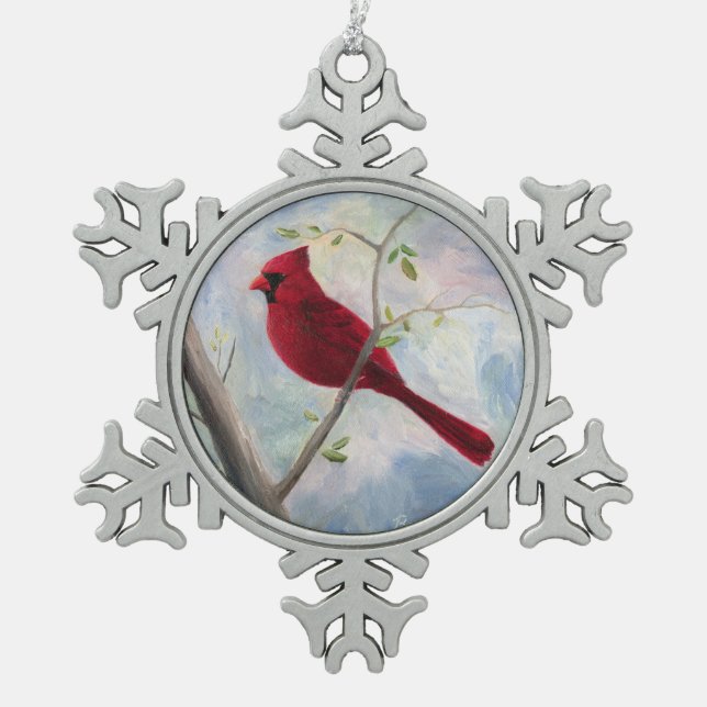 Cardinal Snowflake Pewter Christmas Ornament (Front)