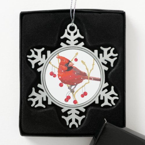 Cardinal Snowflake Pewter Christmas Ornament