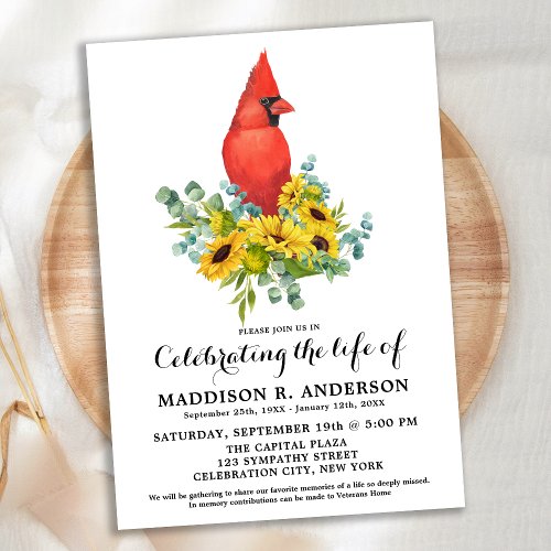 Cardinal Sunflowers Funeral Celebration Of Life Invitation