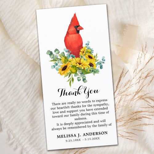 Cardinal Sunflowers Funeral Memorial Sympathy Thank You Card