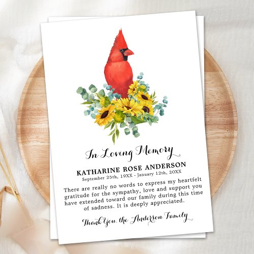 Cardinal Sunflowers Modern Funeral Memorial Thank You Card