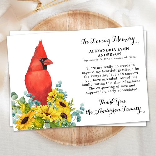 Cardinal Sunflowers Sympathy Memorial Funeral  Thank You Card