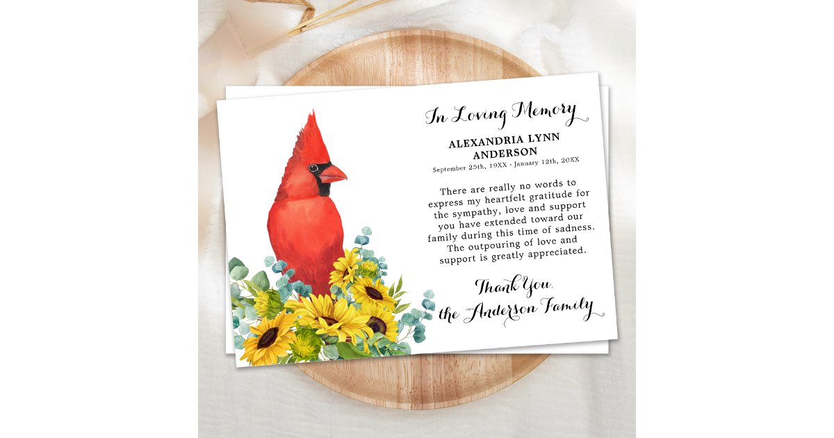 Cardinal Sunflowers Sympathy Memorial Funeral Thank You Card | Zazzle