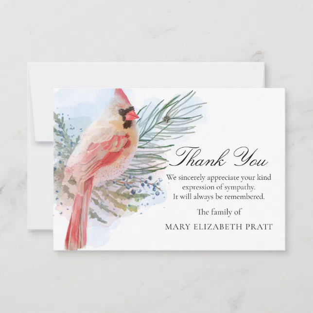 Cardinal Sympathy Funeral Thank You Card | Zazzle