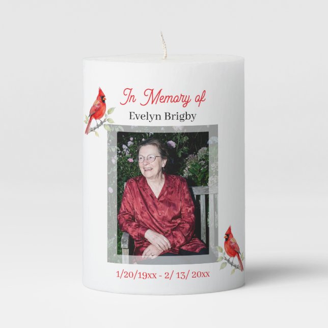 Cardinal Themed Memorial  Pillar Candle (Front)
