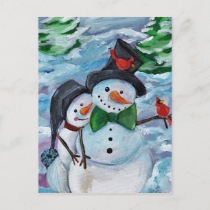 Cardinal visiting Snowmen Postcard