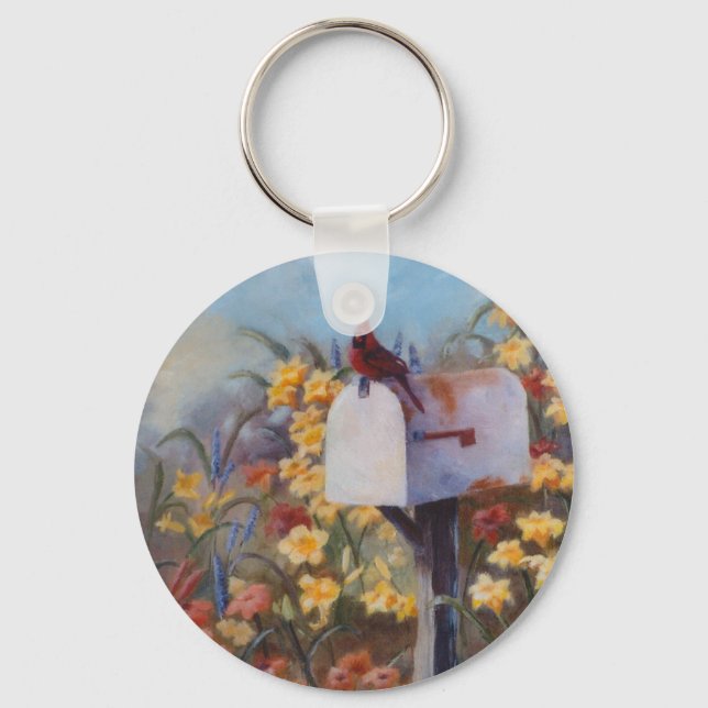 Cardinal Waiting For the Mail Keychain (Front)