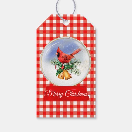 Cardinal with Bells Snow Globe Christmas Gift Tag