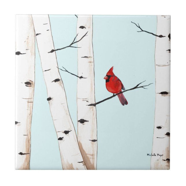 Cardinal with Birch Trees Ceramic Tile (Front)