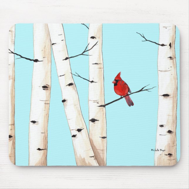 Cardinal with Birch Trees Mouse Pad (Front)
