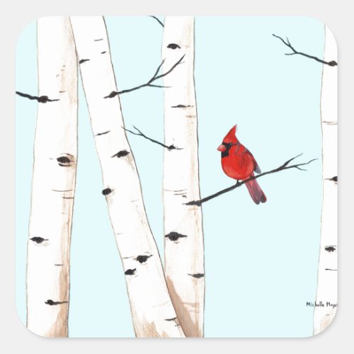 Cardinal with Birch Trees Square Sticker