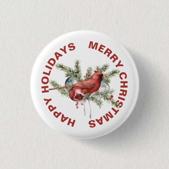 Cardinal with Christmas Treen Branches Button (Front)