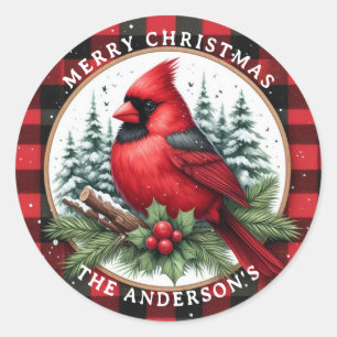 Cardinal with Holly & Buffalo Plaid Background Classic Round Sticker