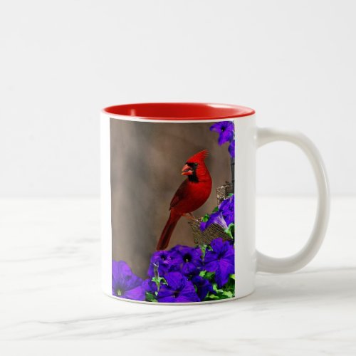 Cardinal with Petunias Two_Tone Coffee Mug