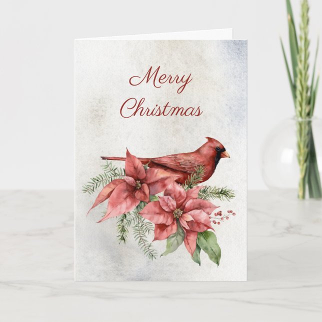 Cardinal with Poinsettias Holiday Card (Front)