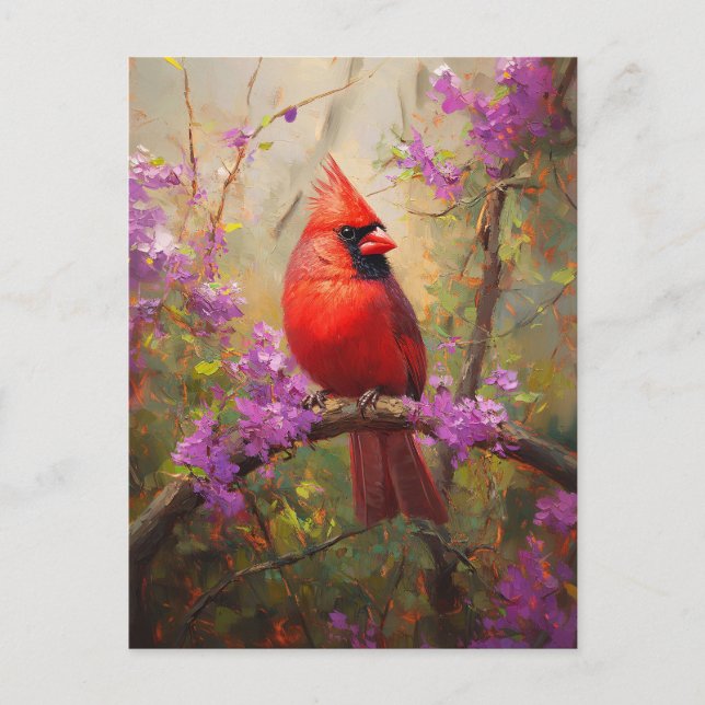 Cardinal with Purple Flowers Postcard (Front)