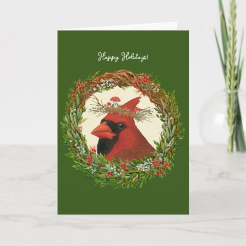 Cardinal with toadstool holiday card