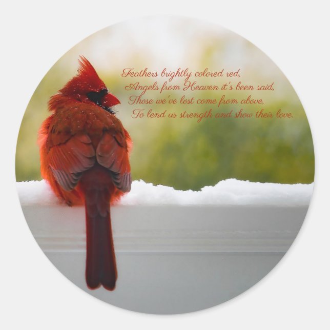 Cardinal with Visitor From Heaven poem Classic Round Sticker (Front)