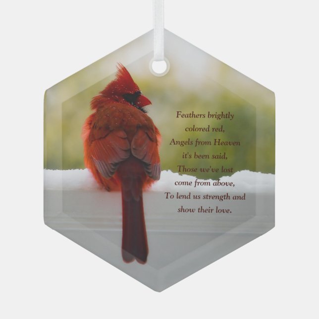 Cardinal with Visitor From Heaven poem Glass Ornament (Front)