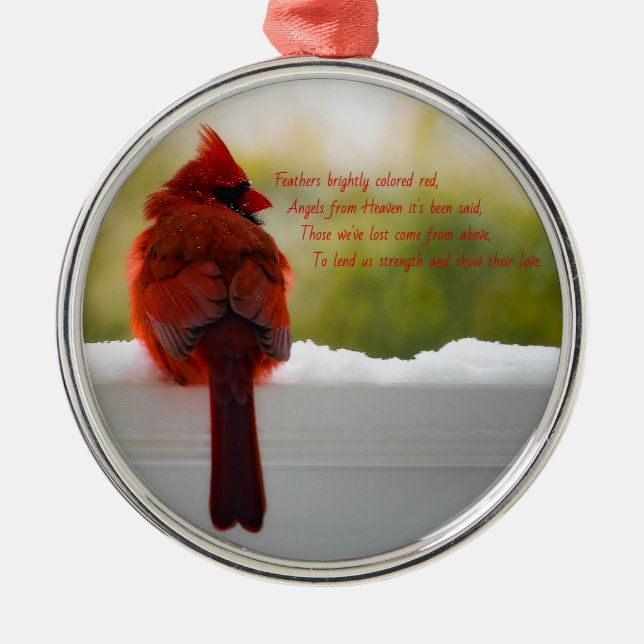 Cardinal with Visitor From Heaven poem Metal Ornament (Front)