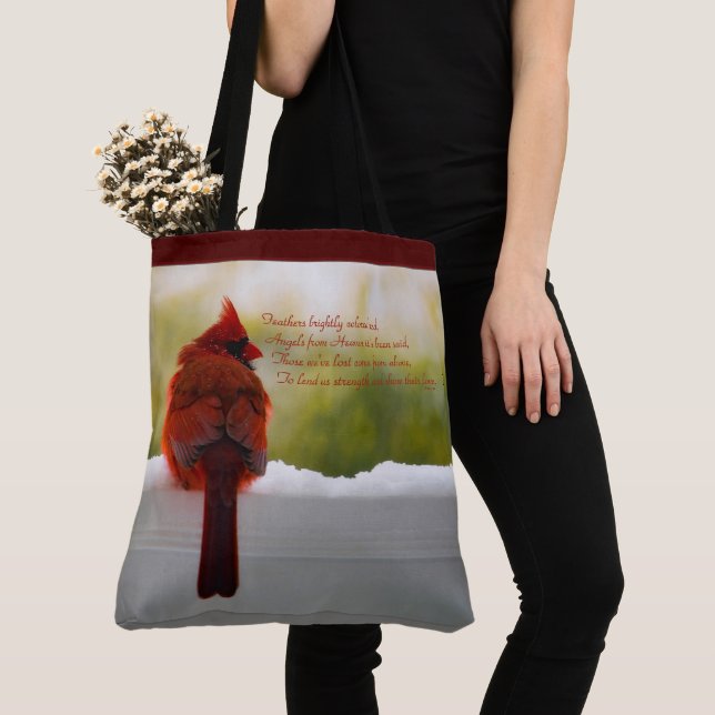 Cardinal with Visitor From Heaven poem Tote Bag (Close Up)