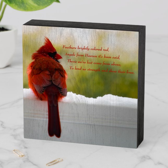 Cardinal with Visitor From Heaven poem Wooden Box Sign (In Situ Horizontal)