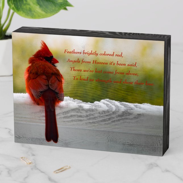Cardinal with Visitor From Heaven poem Wooden Box Sign (In Situ Horizontal)