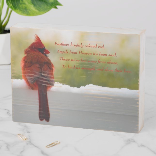 Cardinal with Visitor From Heaven poem Wooden Box Sign (In Situ Horizontal)