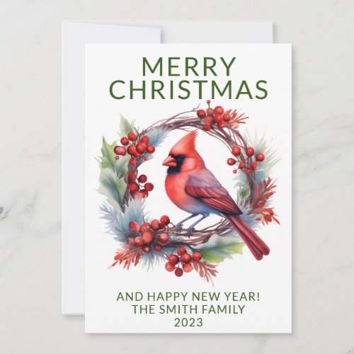 Cardinal Wreath Green Holiday Card