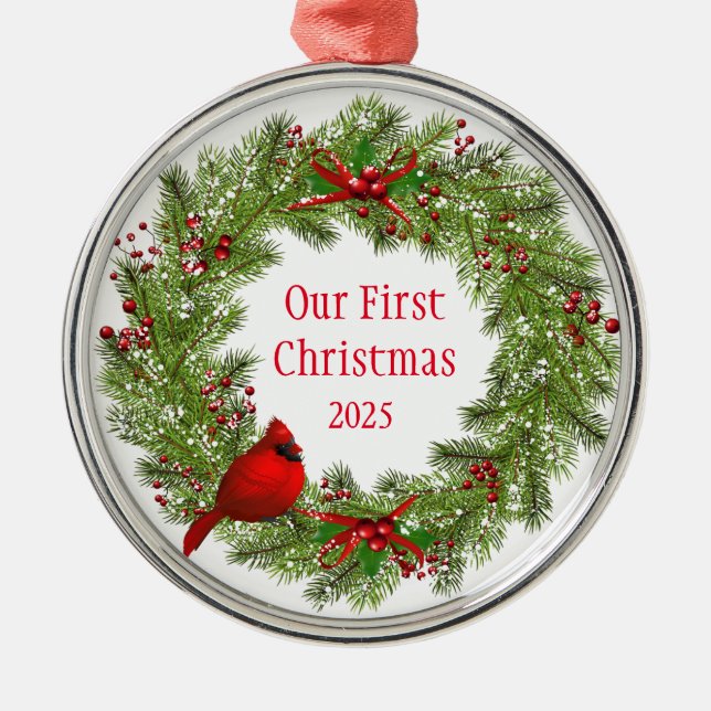 Cardinal Wreath      Metal Ornament (Front)
