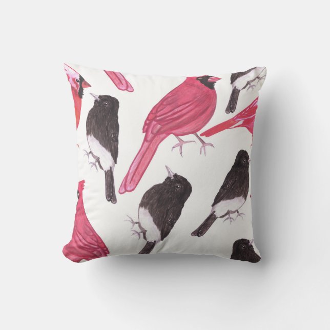 Cardinals and black phoebe birds watercolor throw pillow (Front)