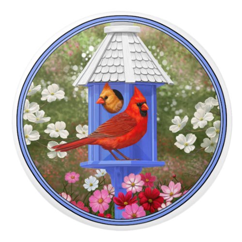 Cardinals and Blue Birdhouse Ceramic Knob
