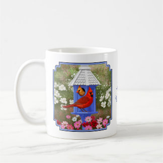 Cardinals and Blue Birdhouse Coffee Mug