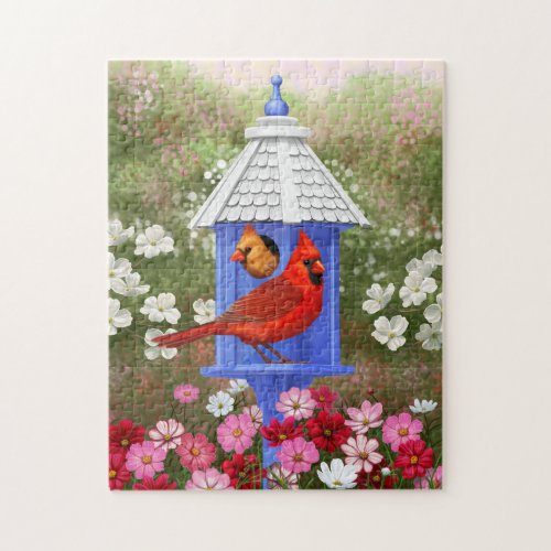 Cardinals and Blue Birdhouse Jigsaw Puzzle