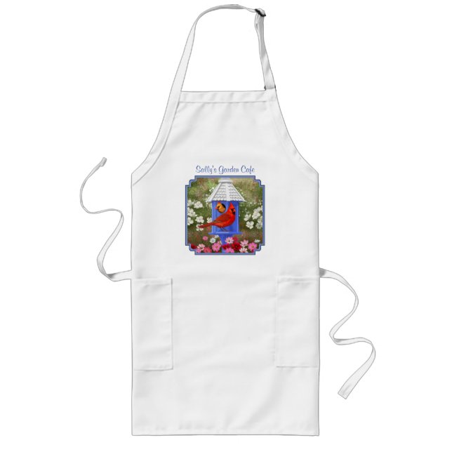 Cardinals and Blue Birdhouse Long Apron (Front)